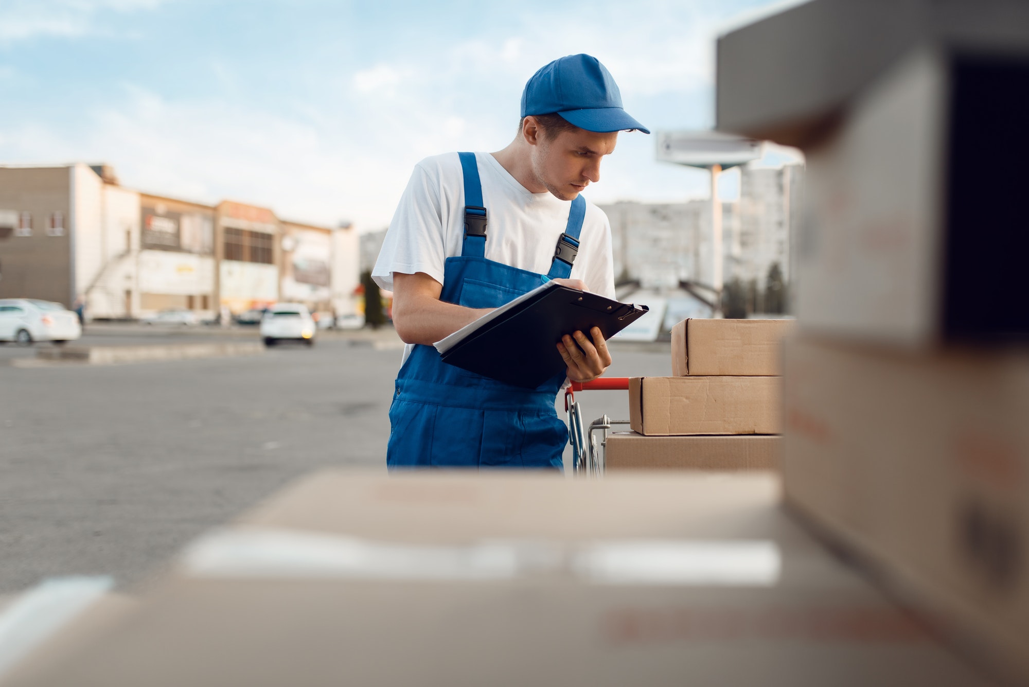 Deliveryman in uniform check parcels, delivery